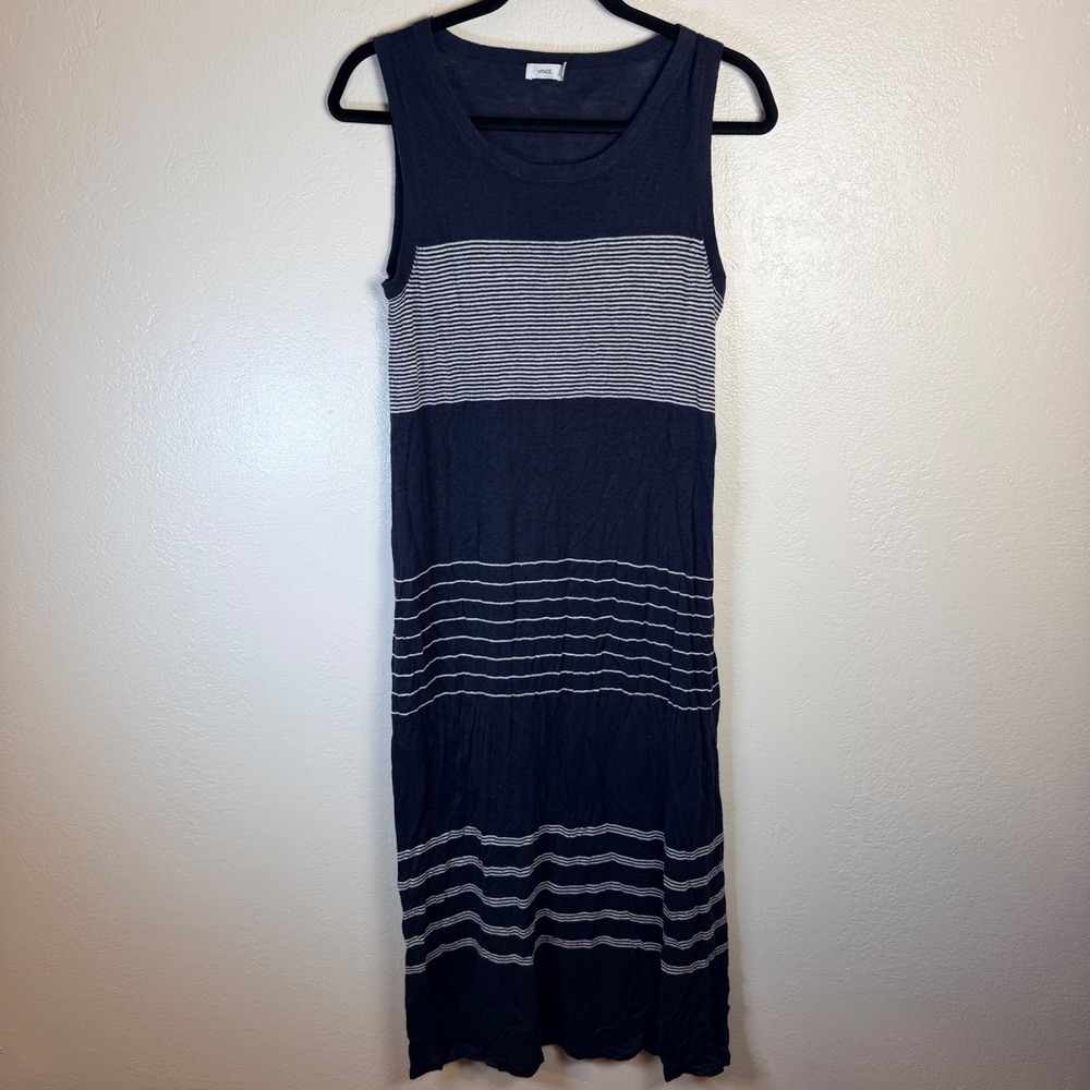 Vince Women S 100% Linen Navy Striped Midi Dress Coastal Minimalist Quiet Luxury
